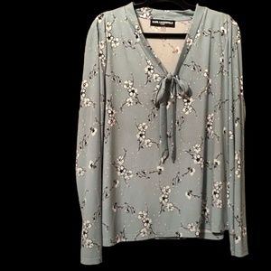 NWOT Karl Lagerfeld Paris Tie Neck Blue Cherry Blossom Floral Blouse size XL